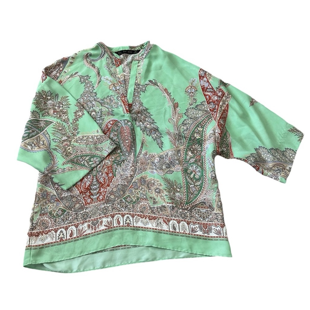 Zara Small Green Multicolored Paisley 3/4 Sleeve Top - Picture 2 of 5